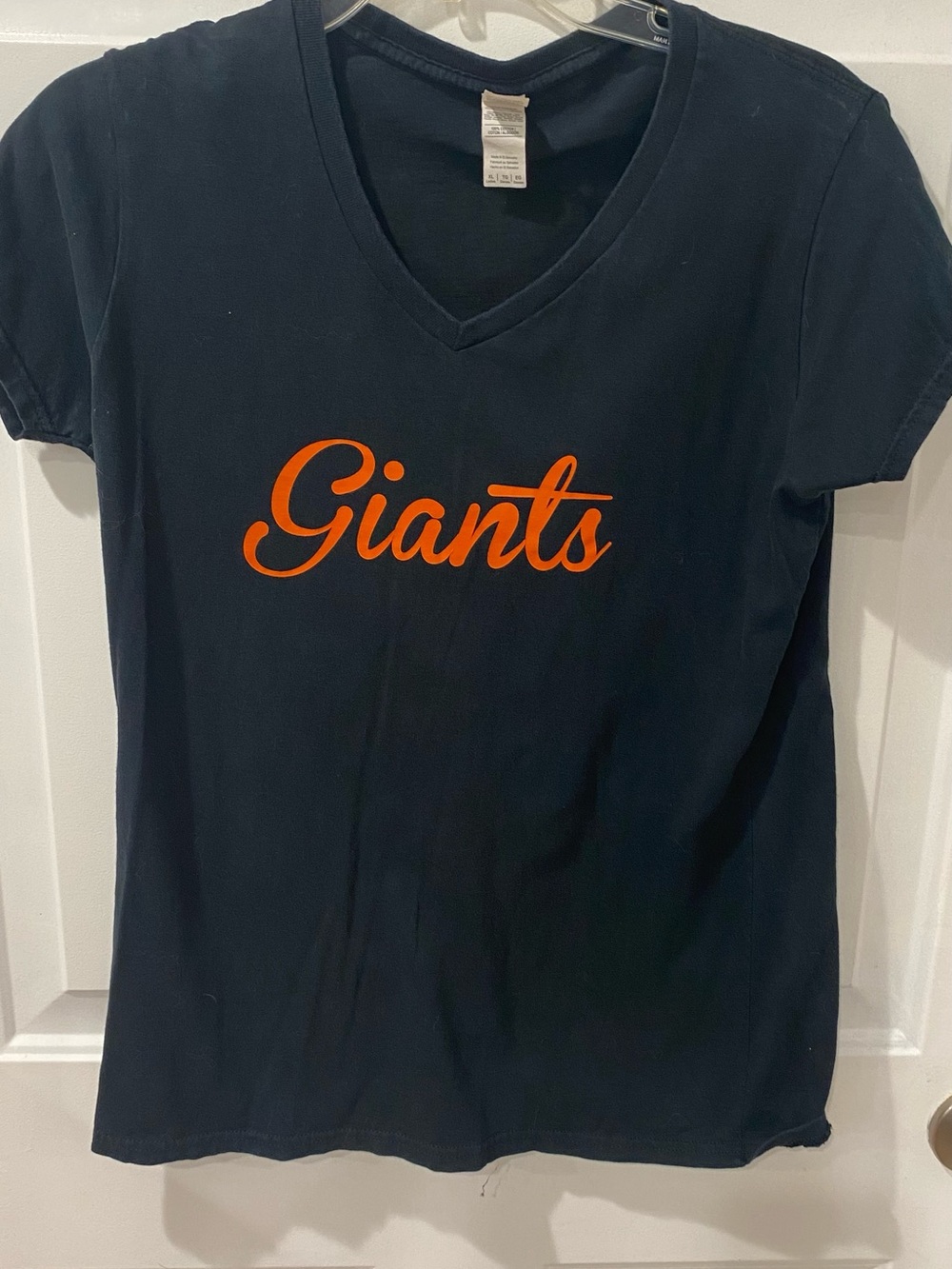 Gildan Navy V-Neck Tee with Orange "Giants" Script women’s XL